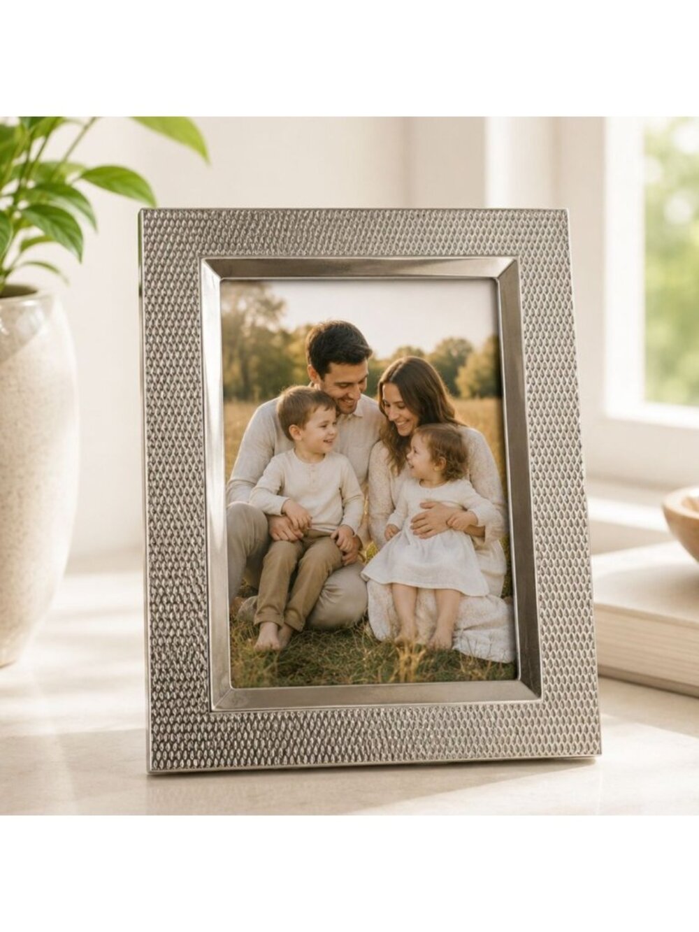 Silver Textured 5x7 Photo Frame With Easel Back & Wall Mount Classic Display